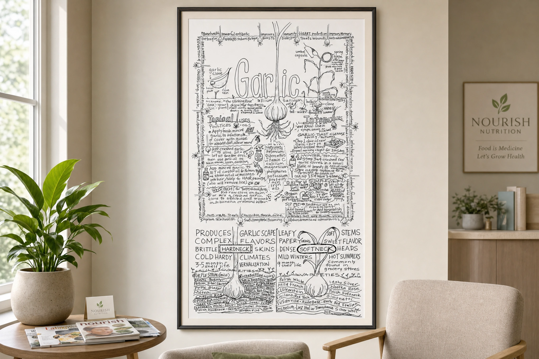Garlic botanical art framed in a nutrition clinic waiting room with plants and natural decor