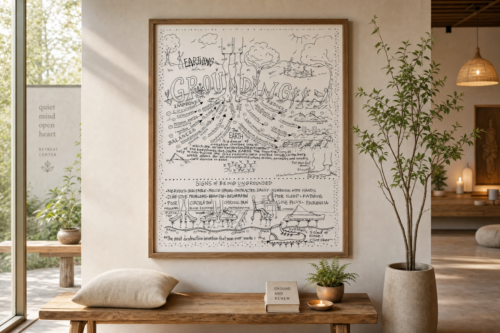 Grounding educational art displayed in a warm retreat center with wood bench, candles, and plants